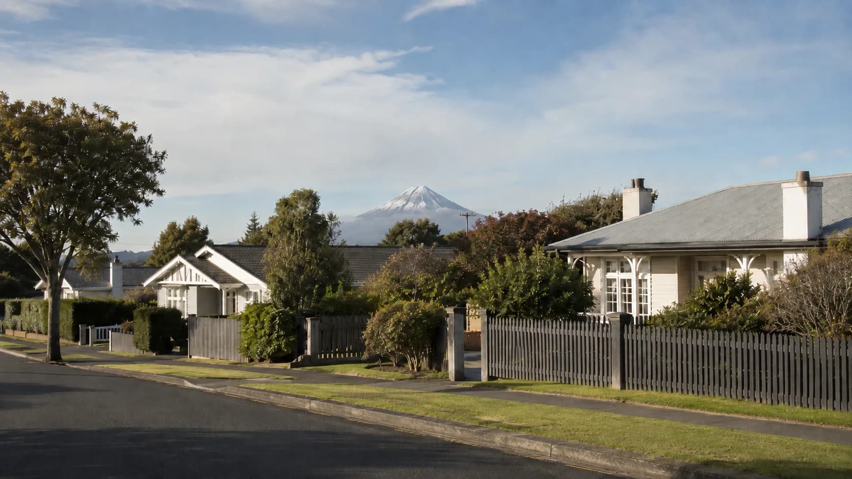 Taranaki residential street with Taranaki Maunga in the distance